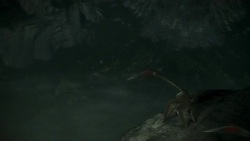 Pterodactyls perch on a cliff and look across a disastrous landscape in a computer generated animation. Stock Footage