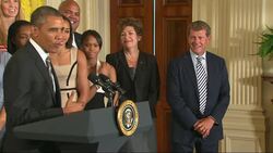 President Barack Obama honored college athletes from across the country in a White House ceremony. In a separate meeting, he stood with the members of the University of Connecticut Women's basketball team to congratulate them on their win. (March 10) News Clip