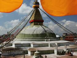 View of the Boudhanath Stupa which is one of the holiest Buddhist worship sites in Kathmandu, Nepal, Asia Stock Footage