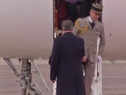 Francois Hollande Steps Off Of Plane At RAF Brize Norton News Clip