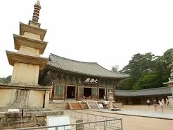 MS PAN View of Gyeongju Bulguksa Temple Dabotop and Seokgatop Pagoa and Daeungjeon Main Building / Gyeongju, Gyeongsangbuk-do, South Korea Stock Footage