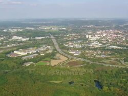 WS AERIAL View of hills, houses and rail tracks at Karlsruhe / Germany Stock Footage