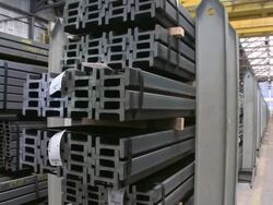 MS PAN View of steel channels in store at Hoesch-Schwerte / Schwerte, Rhineland-Palatinate, Germany Stock Footage