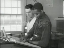 1951: TEACHING HOSPITAL: OCCUPATIONAL THERAPY: Psychiatrist w/ male patients in print shop. Different Psychiatrist w/ male patients in shop learning shoe repair. Instructional Video