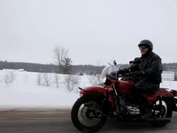 MS  POV Husband and wife ridding on motorcycle with sidecar in rural area during winter / Osceola, Wisconsin, United States Stock Footage