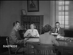 1952: LAS VEGAS, NEVADA: QUICK DIVORCE: Angled MS Wooden office door labeled 'Dist. Judge Dept. No1', VS Male attorney asking 'Helen Craig' basic questions in front of seated District Judge McNamee & court stenographer. Instructional Video
