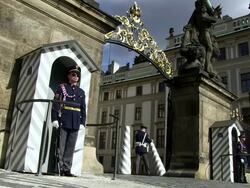MS Guard moving rock pillars at prague castle entrance / Prague, Hlavni mesto Praha, Czech Republic Stock Footage