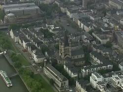 AERIAL Great Saint Martin church, Cologne, North Rhine-Westphalia, Germany Stock Footage