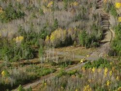 WS ARIEAL View of Bulldozer standing in wooded area / Maine, United States Stock Footage