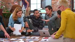 Startup casting agency team discussing cast in startup company office Stock Footage