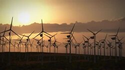 The sun shines over a wind turbine farm. Stock Footage