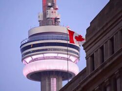 CN Tower or Canadian National Tower with Lights On in Blue Hour Stock Footage