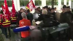 CLEAN : Protest in front of nursery that Macron was visiting News Clip