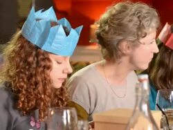 MS Shot of Festive lunch in pub with Three generations of family, Grandma and mum and Two girls / London, England, United Kingdom Stock Footage