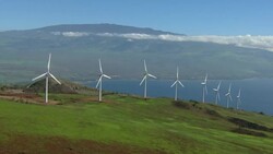 Wind turbines overlook the Maui coast on the Kaheawa Wind Farm. Stock Footage