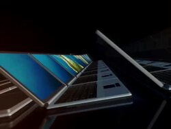 Laptop computer screens representing the world map Stock Footage