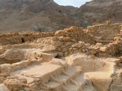 WS TD View of caves of Qumran near Dead sea / Qumran,  Judea Desert,  Isarel Stock Footage