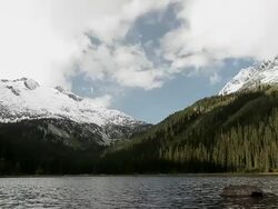  Mountains with lots of trees and a view over the tops of snowy mountains Stock Footage