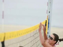 MS PAN TU TD Women playing beach volleyball at net / Redondo Beach, California, United States Stock Footage
