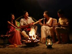 Family enjoying music at campfire  Stock Footage