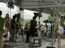 MS Shot of television news crews preparating for G8 meeting / Hokkaido Toyako, Japan Stock Footage