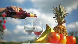 Picnic Party Preparation with Wine and Fruits Under White Clouds and Blue Sky Stock Footage