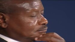 President Yoweri Museveni of Uganda at CHOGM news conference News Clip