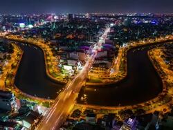 WS T/L View of Ho Chi Minh City Cau Kieu bridge at night / Ho Chi Minh City, Southeastern, Vietnam Stock Footage
