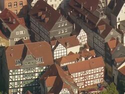 MS AERIAL Shot of half timbered houses at Marburg / Germany Stock Footage