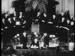 B/W 1949 high angle wide shot NATO pact being signed at United Nations / documentary Stock Footage