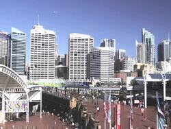 Darling Harbour with Mono Rail and the CBD, Sydney, New South Wales, Australia Stock Footage