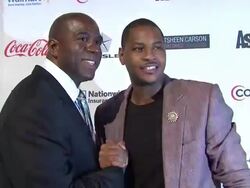 Earvin 'Magic' Johnson and Carmelo Anthony at "ASPiRE" Television Network Launch Event Stock Footage