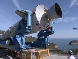 MS Shot of Naro Korean Space Rocket moving to Launch pad / Goheunggun, Jeollanam-do, South Korea  Stock Footage
