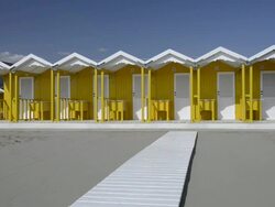 WS View of Beach huts / Forte dei Marmi, Tuscany, Italy Stock Footage