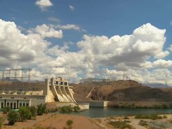 WS, PAN, Davis Dam and hydroelectric power plant on Colorado River near Laughlin, Nevada, USA Stock Footage