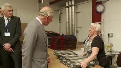 The Prince of Wales visits Abraham Moon and Sons' vertical woollen mill. News Clip