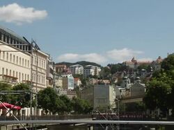 Pull Back Shot Karlovy Vary City Western Bohemia Czech Republic Stock Footage