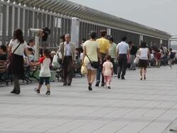 Crowded observation deck Narita International Airport Stock Footage
