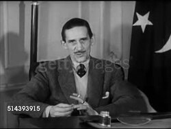 1953: OPENING: MS Westbrook Van Voorhis sitting on set, talking about young nation Pakistan, roots centuries old, w/ Ambassador Muhammed Ali Bogra (1909-1963) SOT saying unifying force is common religion, Muslims wanted own homeland. Instructional Video
