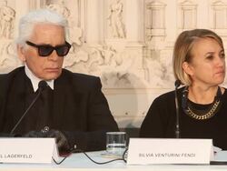 Karl Lagerfeld and Silvia Venturini Fendi at 'Fendi for Fountains' Press Conference at Campidoglio on January 28, 2013 in Rome, Italy. (Footage by WireImage Video/Getty Images) Stock Footage