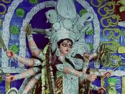 CU ZO Statues of Goddess Durga at Durga Puja celebration / Kolkata, West Bengal, India Stock Footage