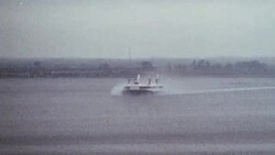 1969 WS The SR.N4 hovercraft hovering over Pegwell Bay on its maiden voyage across the Channel / Kent, England Stock Footage