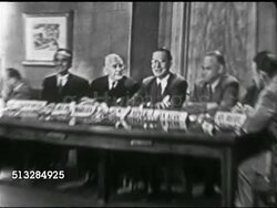1952: THE CANDIDATES: MS W. Averell Harriman, others talking, VS Vice President Alben Barkley, SOT saying if controversy about delegates from Nebraska he should get them all, WS Candidates talking. MS David Brinkley saying back to Conrad Hilton Hotel Instructional Video