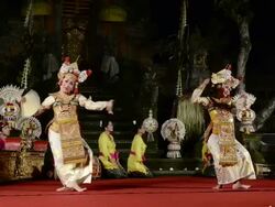 MS Balinese girl dancers performing Legong Dance in Puri Saraswati temple AUDIO / Ubud, Bali, Indonesia Stock Footage