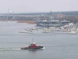 WS AERIAL View of marina with bridge at Charleston city / South Carolina, United States Stock Footage