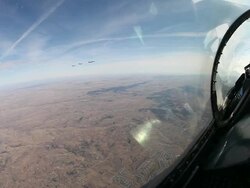POV Looking out of F-16 fighter jet cockpit onto F-16 fighter jets flying in formation, Colorado, USA Stock Footage