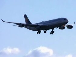 Airplane landing, airport, approaching runway (HD) Stock Footage