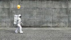 Astronaut Walking On A City Sidewalk Holding A Balloon Stock Footage