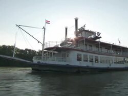 MS TS Steam boat moving in Hannibal Mississippi river / Hannibal, Missouri, United States Stock Footage