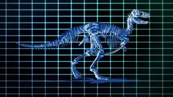 An animated T-Rex skeleton walks against a glowing blue grid. Stock Footage